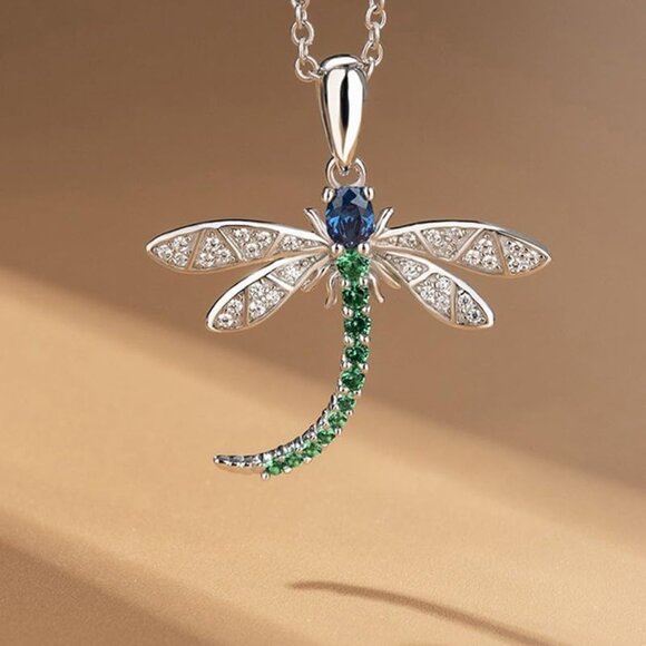 Stunning Blue and Green Dragonfly Necklace - Silver-Plated for Durability - Picture 5 of 6